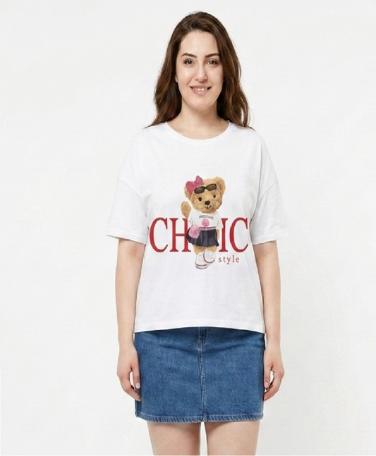 BlueFicus Women's Oversized Cotton Lycra Round Neck Graphic Printed T-Shirt | Half Sleeve Relaxed Fit Casual Oversized Tee for Women & Girls | White