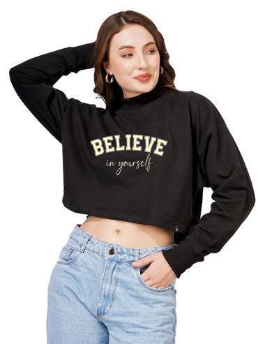 Women Cotton Blend Crop Sweatshirt with Believe in Yourself Print | High Neck Graphic Pullover | Trendy Casual Winter Wear for Women & Girls Blueficus