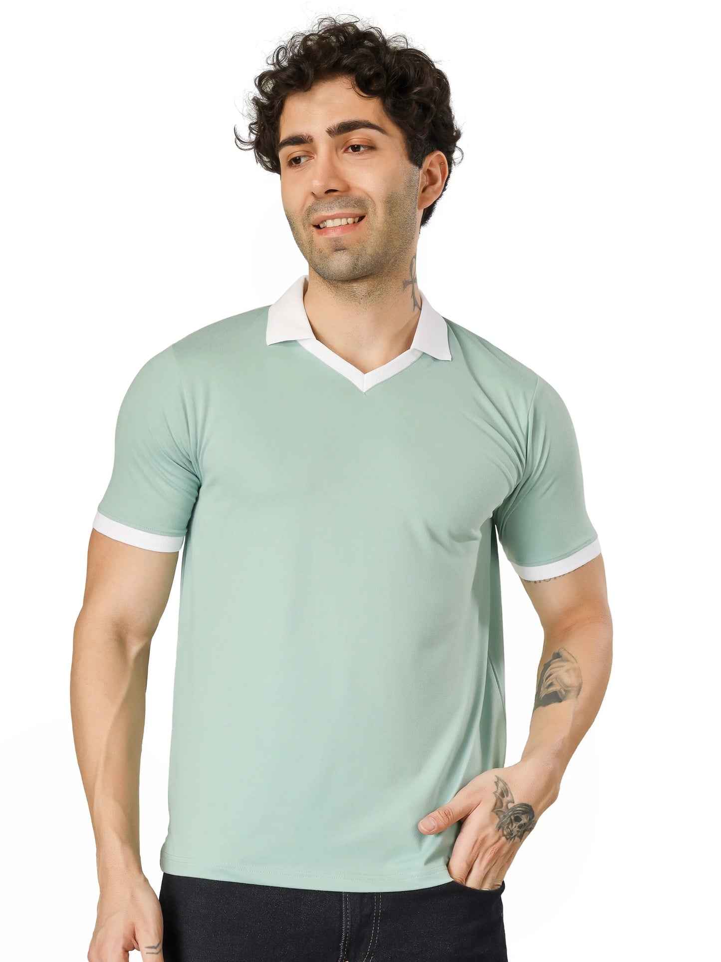 BlueFicus Men Solid Polo Neck Cotton Blend T-Shirt
