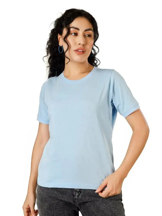 BlueFicus Women Solid Round Neck Cotton Blend T-Shirt Blueficus