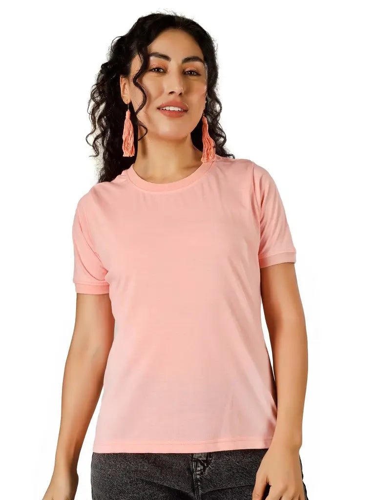 BlueFicus Women Solid Round Neck Cotton Blend T-Shirt