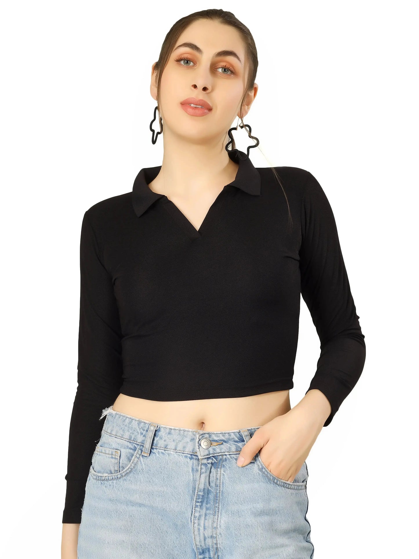 BlueFicus Women's Collared Long Sleeve Crop Top – Stylish Casual Wear Blueficus