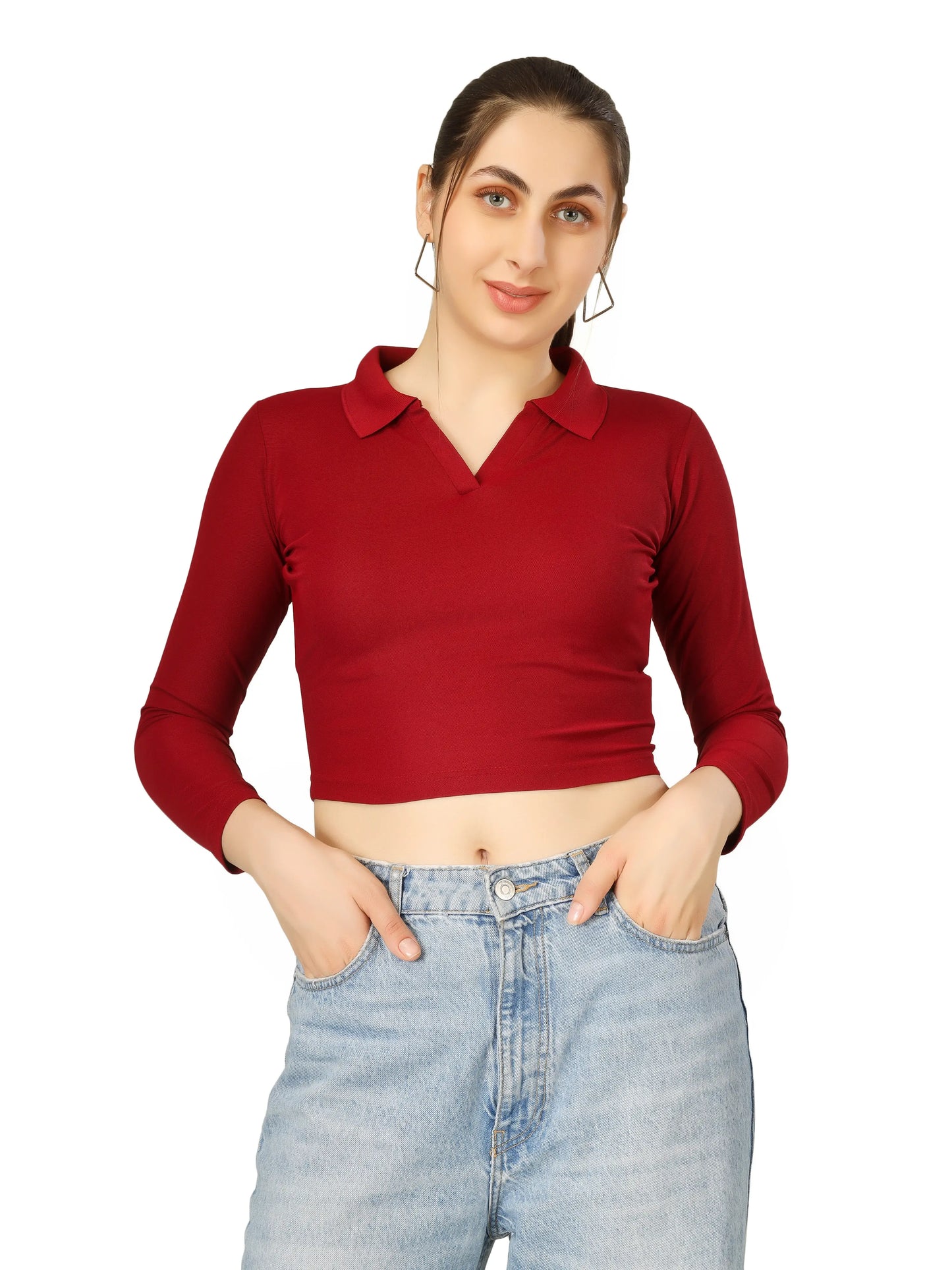 BlueFicus Women's Collared Long Sleeve Crop Top – Stylish Casual Wear