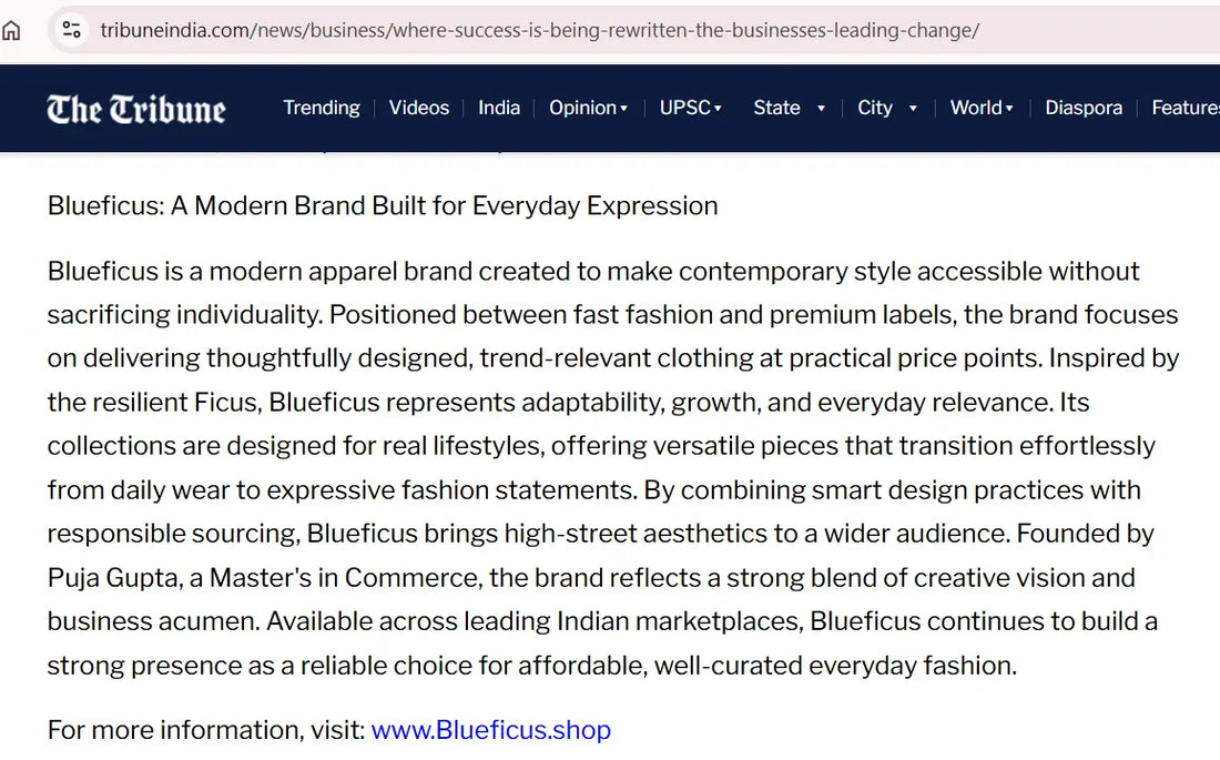 Blueficus Featured in Tribune India: Where Success is Being Rewritten Blueficus