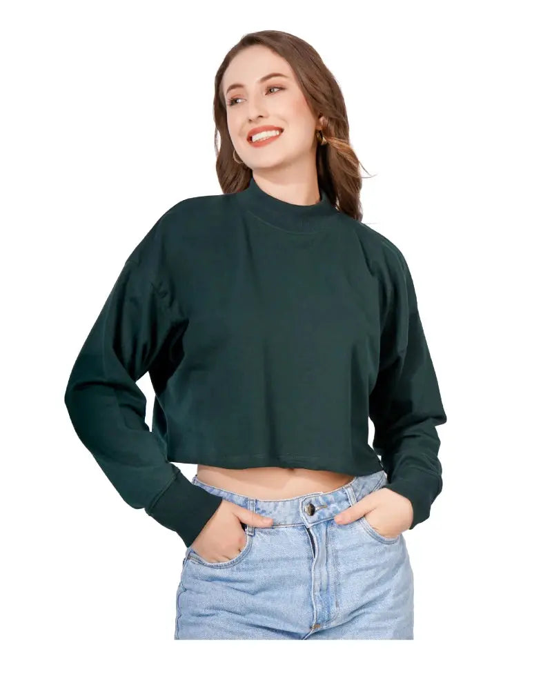 Felpa Donna Con Mezza Zip, Collo Alto, Maniche Lunghe, Cropped, Morbida, Cotone Misto, Taglie S-XXL, Colore Unico, Outfit Autunno