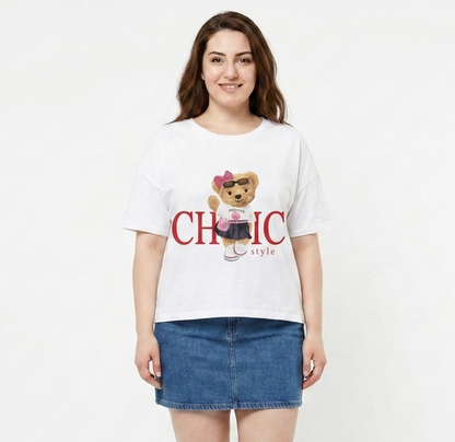 BlueFicus Women's Oversized Cotton Lycra Round Neck Graphic Printed T-Shirt | Half Sleeve Relaxed Fit Casual Oversized Tee for Women & Girls | White