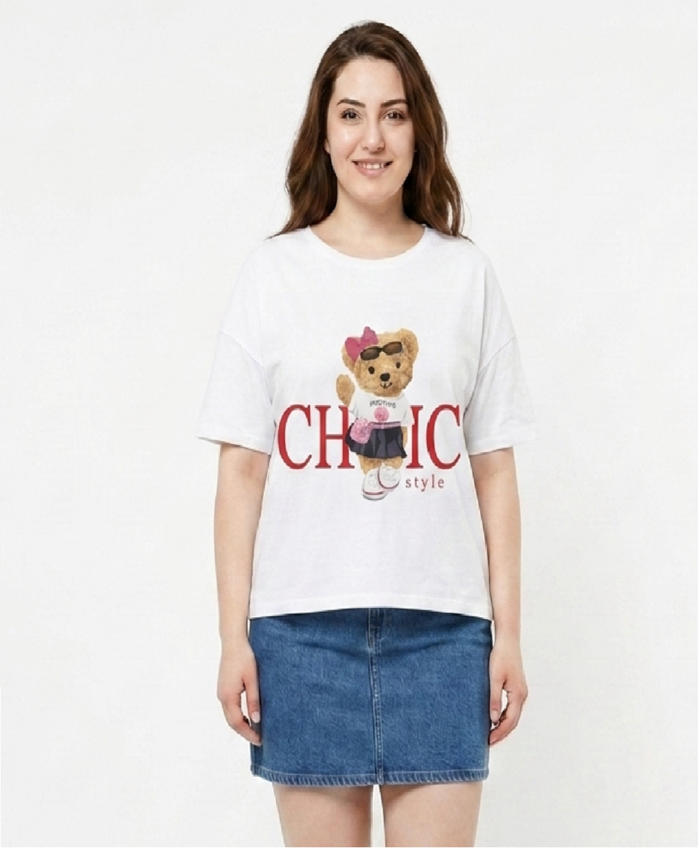 BlueFicus Women's Oversized Cotton Lycra Round Neck Graphic Printed T-Shirt | Half Sleeve Relaxed Fit Casual Oversized Tee for Women & Girls | White