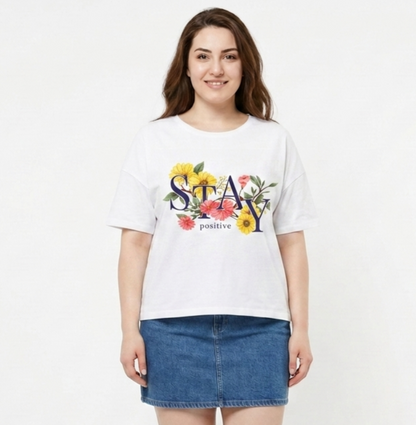 BlueFicus Women's Oversized Cotton Lycra Round Neck Graphic Printed T-Shirt | Half Sleeve Relaxed Fit Casual Oversized Tee for Women & Girls | White