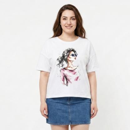 BlueFicus Women's Oversized Cotton Lycra Round Neck Graphic Printed T-Shirt | Half Sleeve Relaxed Fit Casual Oversized Tee for Women & Girls | White