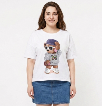 BlueFicus Women's Oversized Cotton Lycra Round Neck Graphic Printed T-Shirt | Half Sleeve Relaxed Fit Casual Oversized Tee for Women & Girls | White