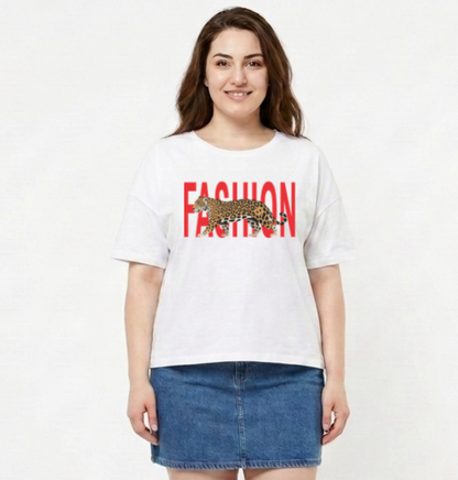BlueFicus Women's Oversized Cotton Lycra Round Neck Graphic Printed T-Shirt | Half Sleeve Relaxed Fit Casual Oversized Tee for Women & Girls | White