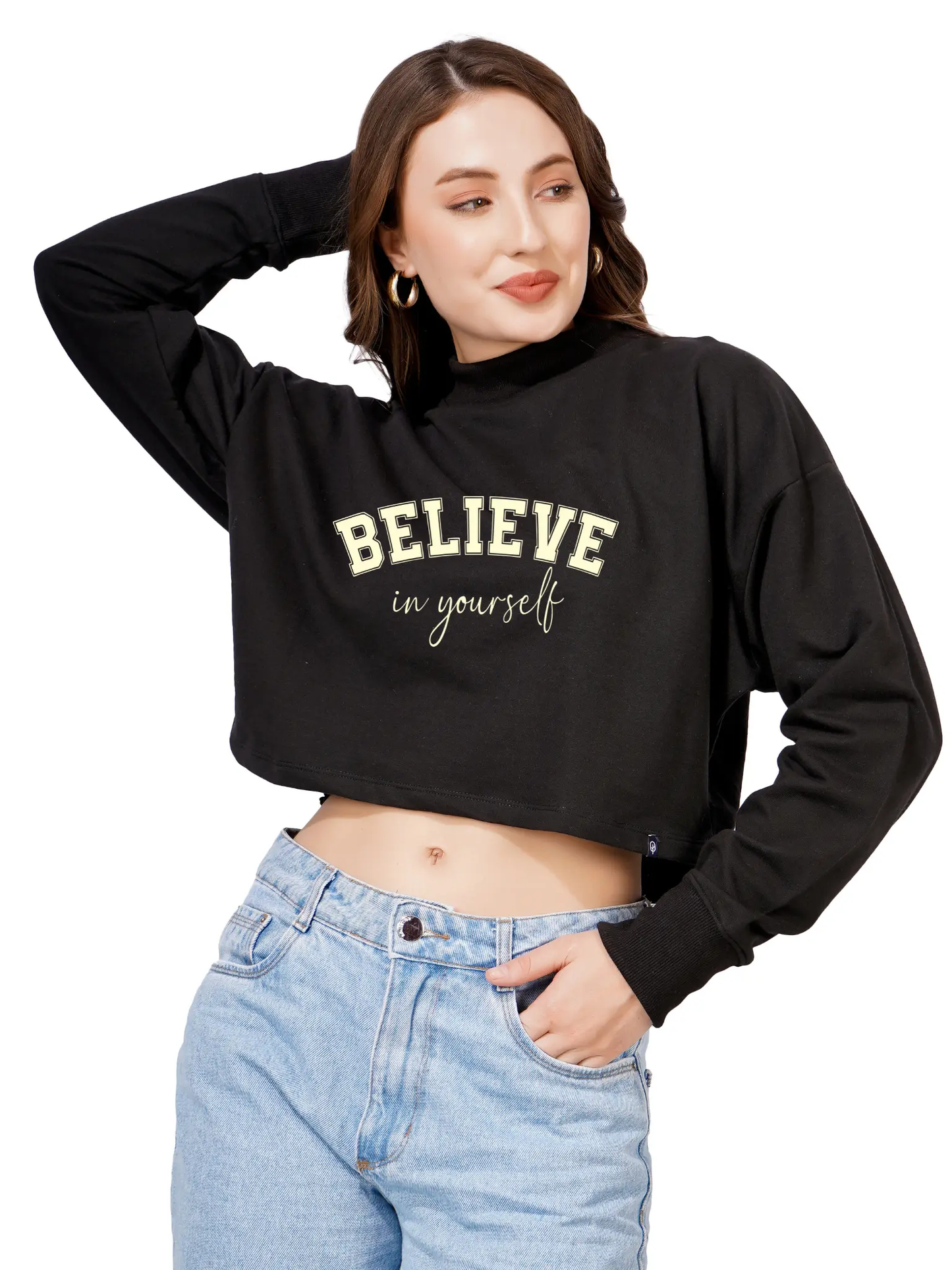 Women Cotton Blend Crop Sweatshirt with Believe in Yourself Print | High Neck Graphic Pullover | Trendy Casual Winter Wear for Women & Girls Blueficus