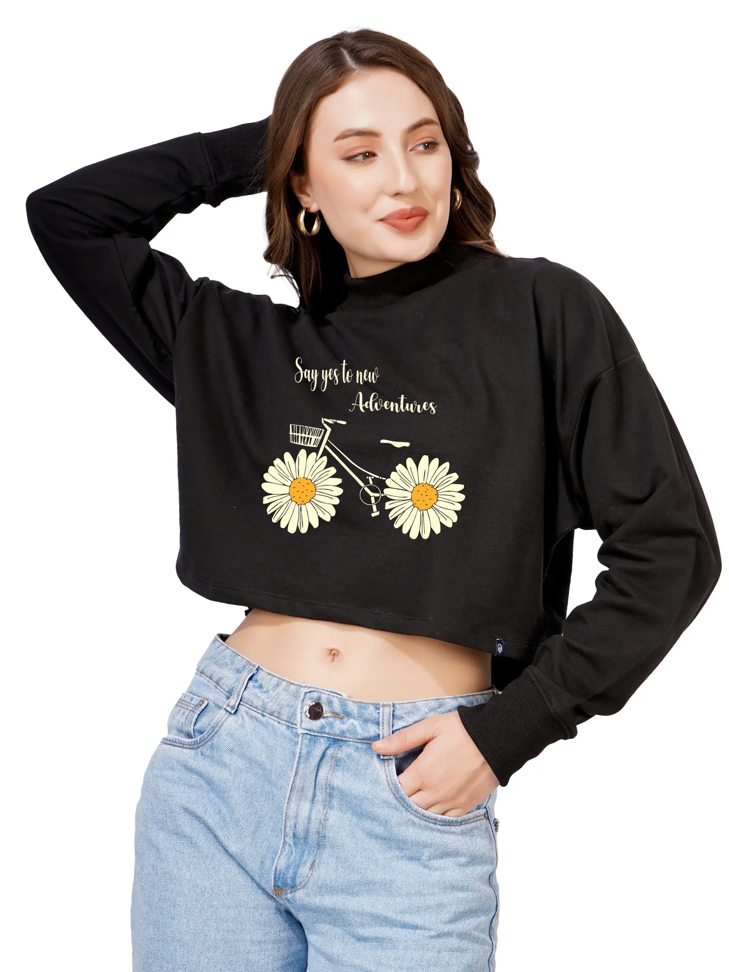 Women Cotton Blend Crop Sweatshirt with Say Yes to New Adventures Print | High Neck Graphic Pullover | Trendy Casual Winter Wear for Women & Girls Blueficus