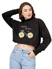 Women Cotton Blend Crop Sweatshirt with Say Yes to New Adventures Print | High Neck Graphic Pullover | Trendy Casual Winter Wear for Women & Girls Blueficus