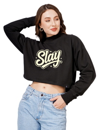 Women Cotton Blend Crop Sweatshirt with Slay Print | High Neck Graphic Pullover | Trendy Winter Casual Wear for Women & Girls Blueficus