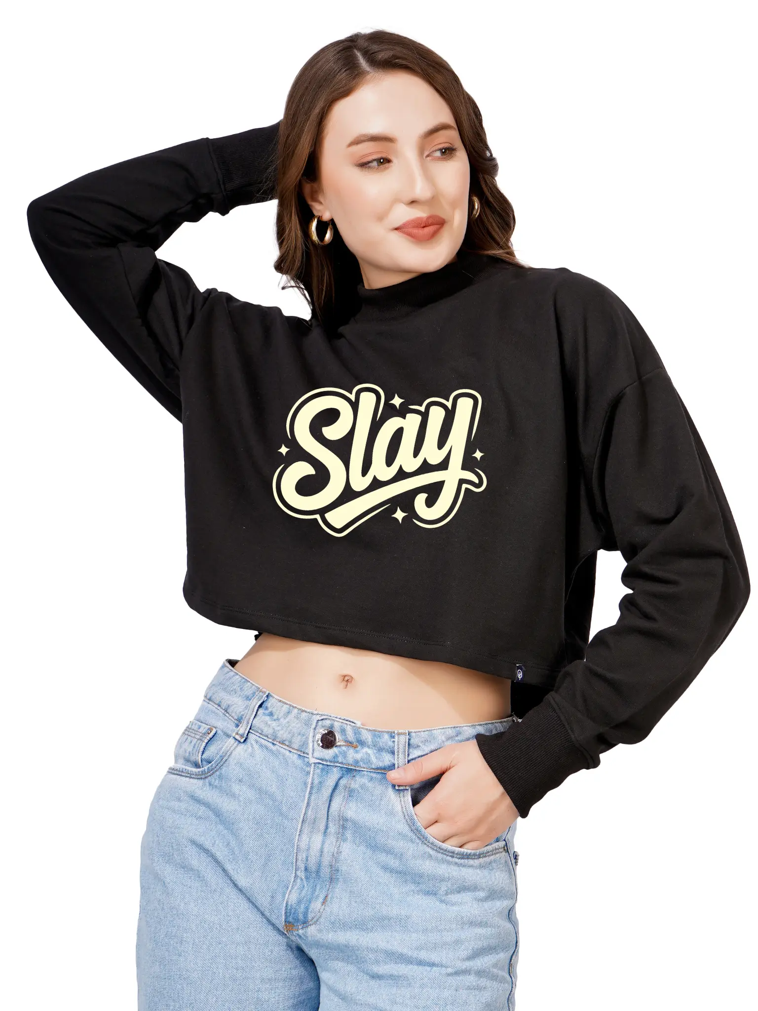 Women Cotton Blend Crop Sweatshirt with Slay Print | High Neck Graphic Pullover | Trendy Winter Casual Wear for Women & Girls Blueficus