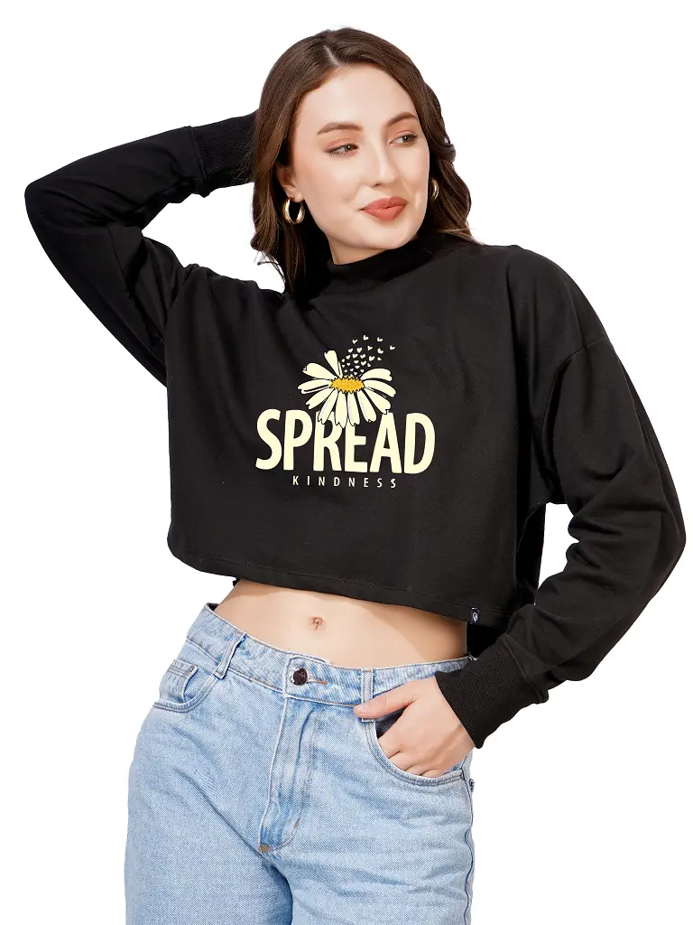 Women Cotton Blend Crop Sweatshirt | High Neck Graphic Pullover | Trendy Winter Casual Wear for Women & Girls Blueficus