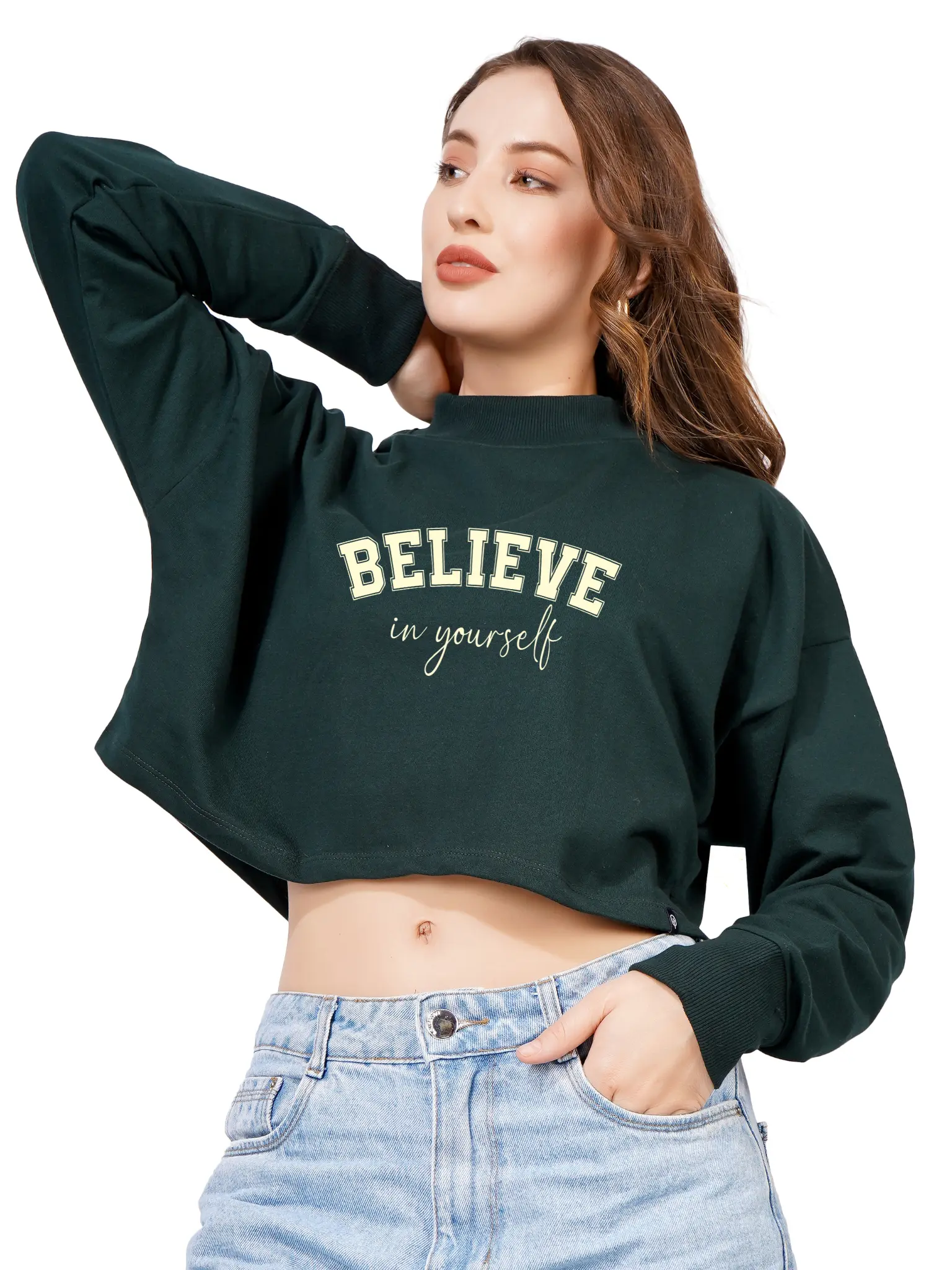 Women Cotton Blend Crop Sweatshirt with Believe in Yourself Print | High Neck Graphic Pullover | Trendy Casual Winter Wear for Women & Girls Blueficus