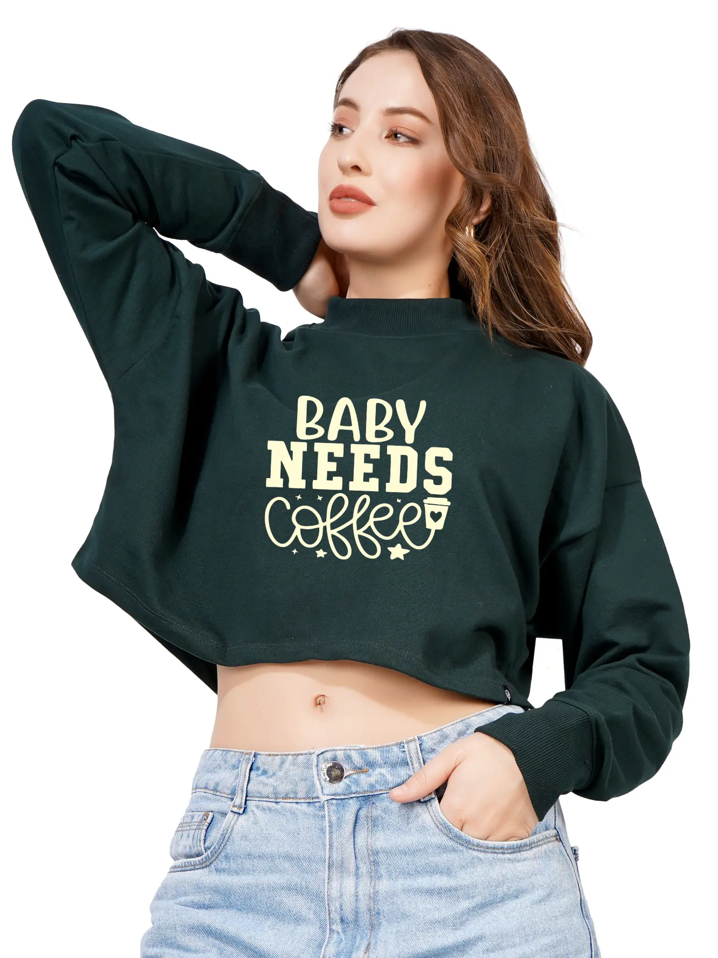 Women Cotton Blend Crop Sweatshirt with Baby Needs Coffee Print | High Neck Graphic Pullover | Trendy Casual Winter Wear for Women & Girls Blueficus