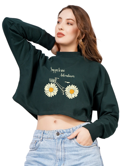 Women Cotton Blend Crop Sweatshirt with Say Yes to New Adventures Print | High Neck Graphic Pullover | Trendy Casual Winter Wear for Women & Girls Blueficus