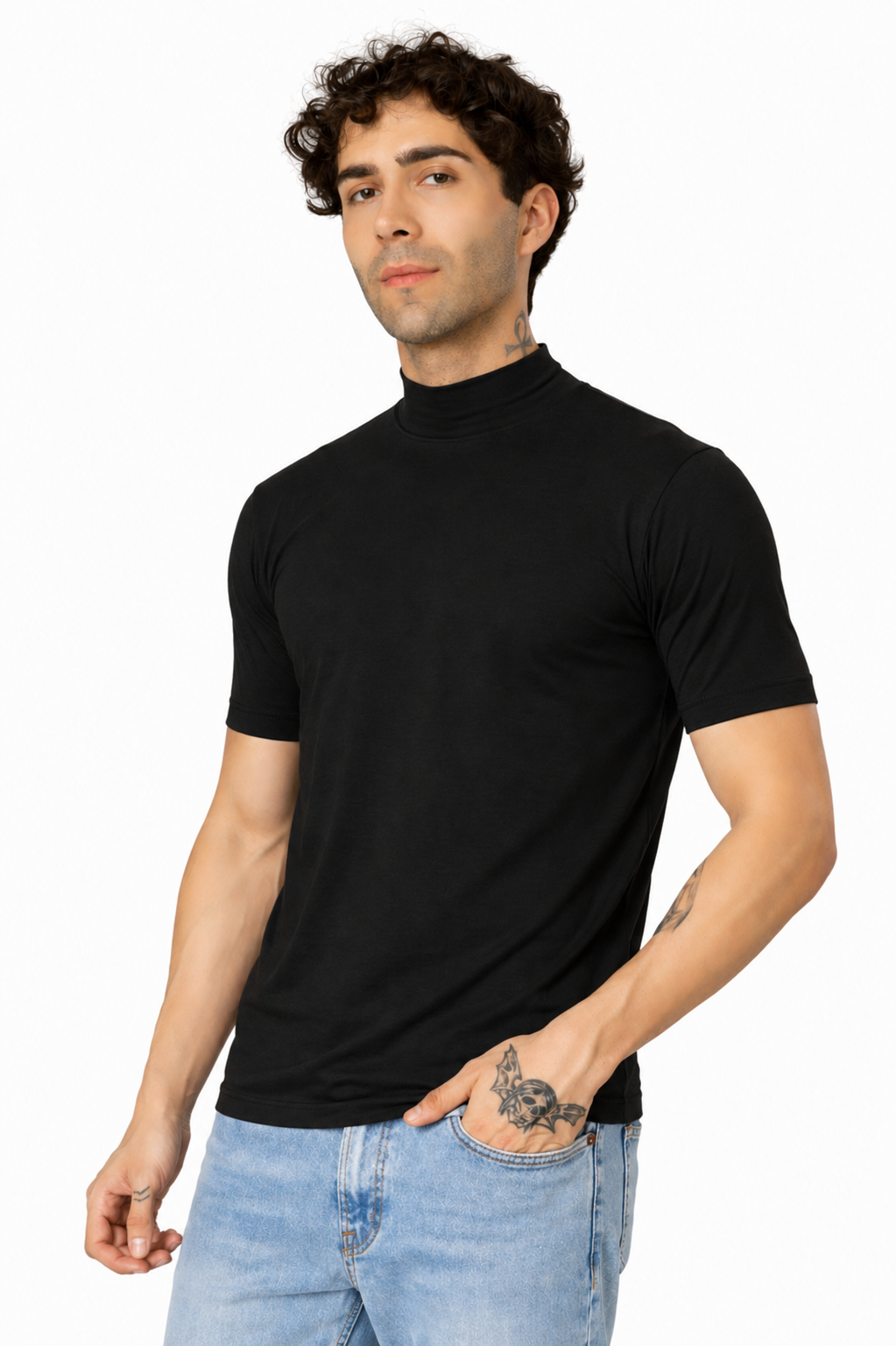 Blueficus Men's T-Shirt Solid High Neck Cotton Blend
