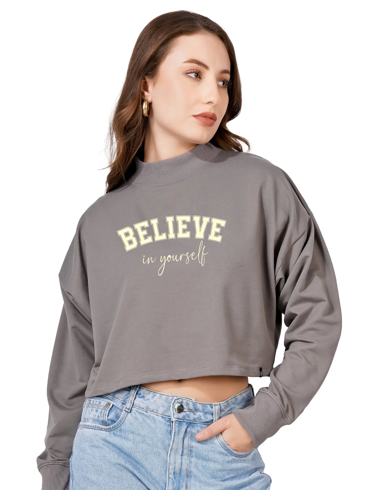 Women Cotton Blend Crop Sweatshirt with Believe in Yourself Print | High Neck Graphic Pullover | Trendy Casual Winter Wear for Women & Girls Blueficus