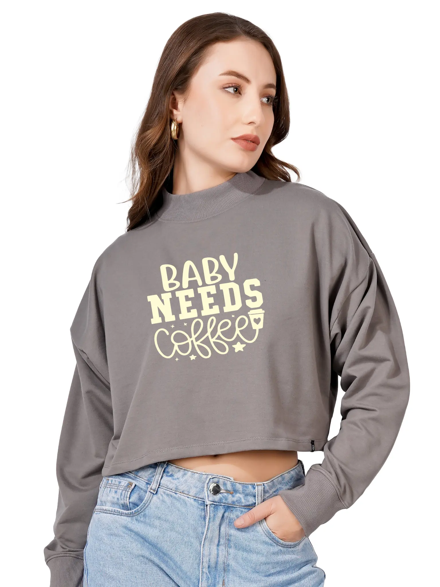 Women Cotton Blend Crop Sweatshirt with Baby Needs Coffee Print | High Neck Graphic Pullover | Trendy Casual Winter Wear for Women & Girls Blueficus