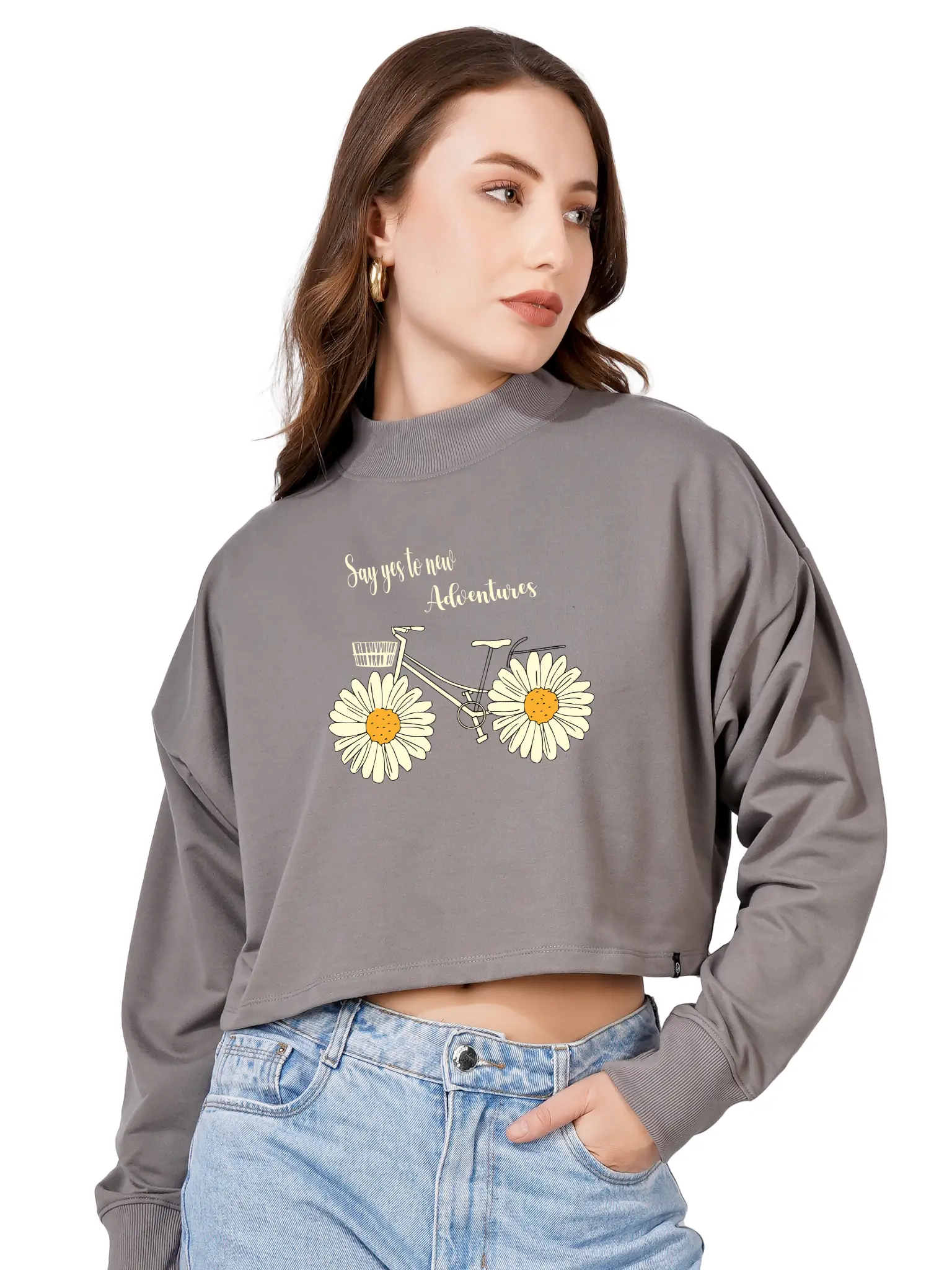 Women Cotton Blend Crop Sweatshirt with Say Yes to New Adventures Print | High Neck Graphic Pullover | Trendy Casual Winter Wear for Women & Girls Blueficus