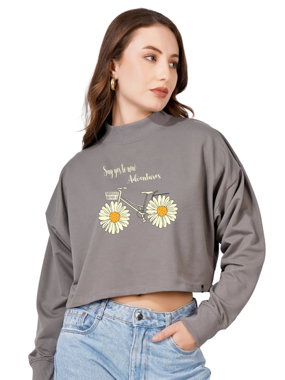 Women Cotton Blend Crop Sweatshirt with Say Yes to New Adventures Print | High Neck Graphic Pullover | Trendy Casual Winter Wear for Women & Girls Blueficus