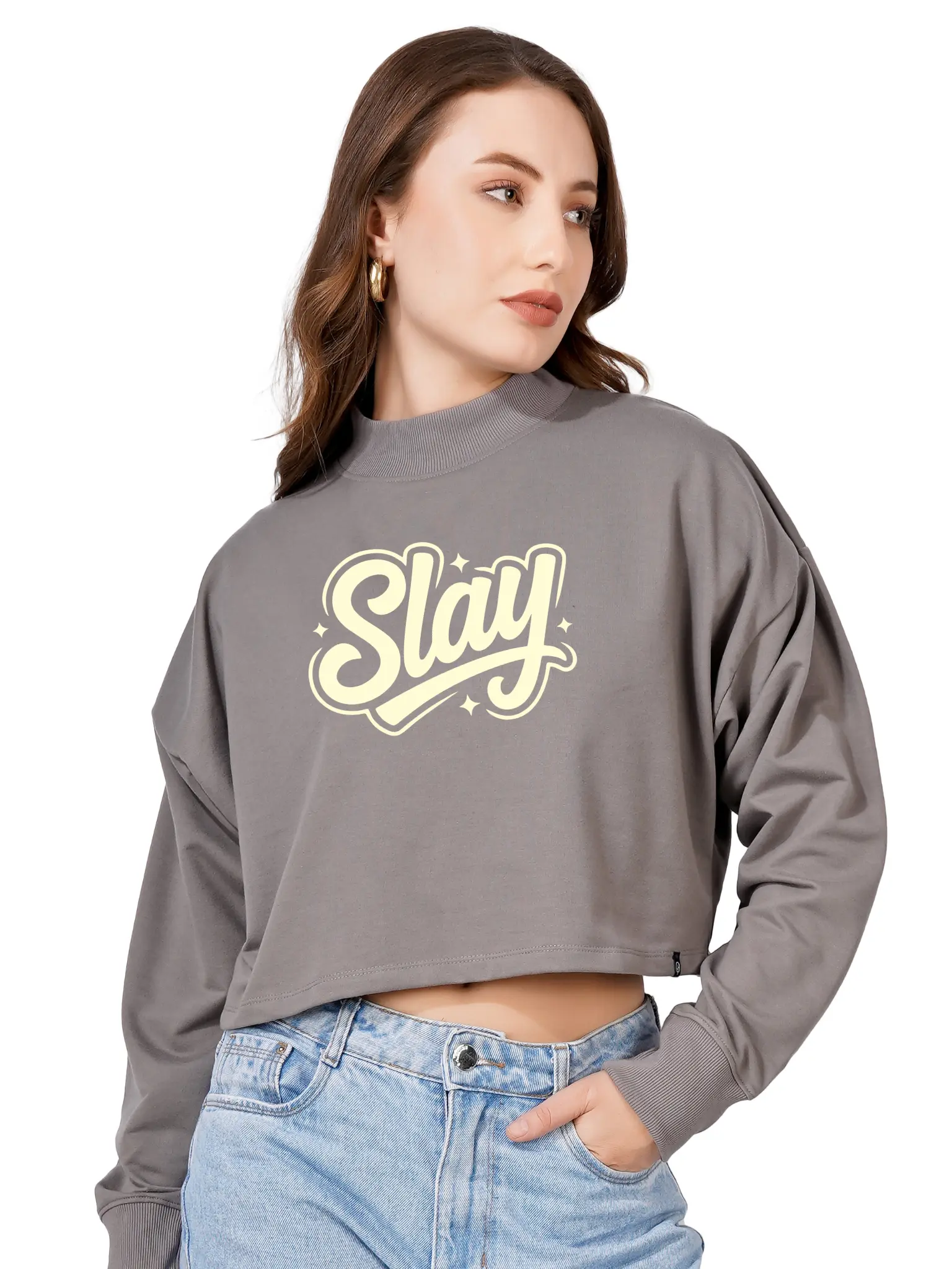 Women Cotton Blend Crop Sweatshirt with Slay Print | High Neck Graphic Pullover | Trendy Winter Casual Wear for Women & Girls Blueficus