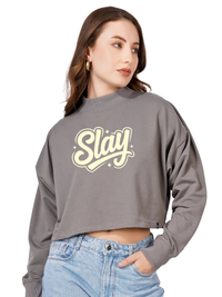 Women Cotton Blend Crop Sweatshirt with Slay Print | High Neck Graphic Pullover | Trendy Winter Casual Wear for Women & Girls Blueficus