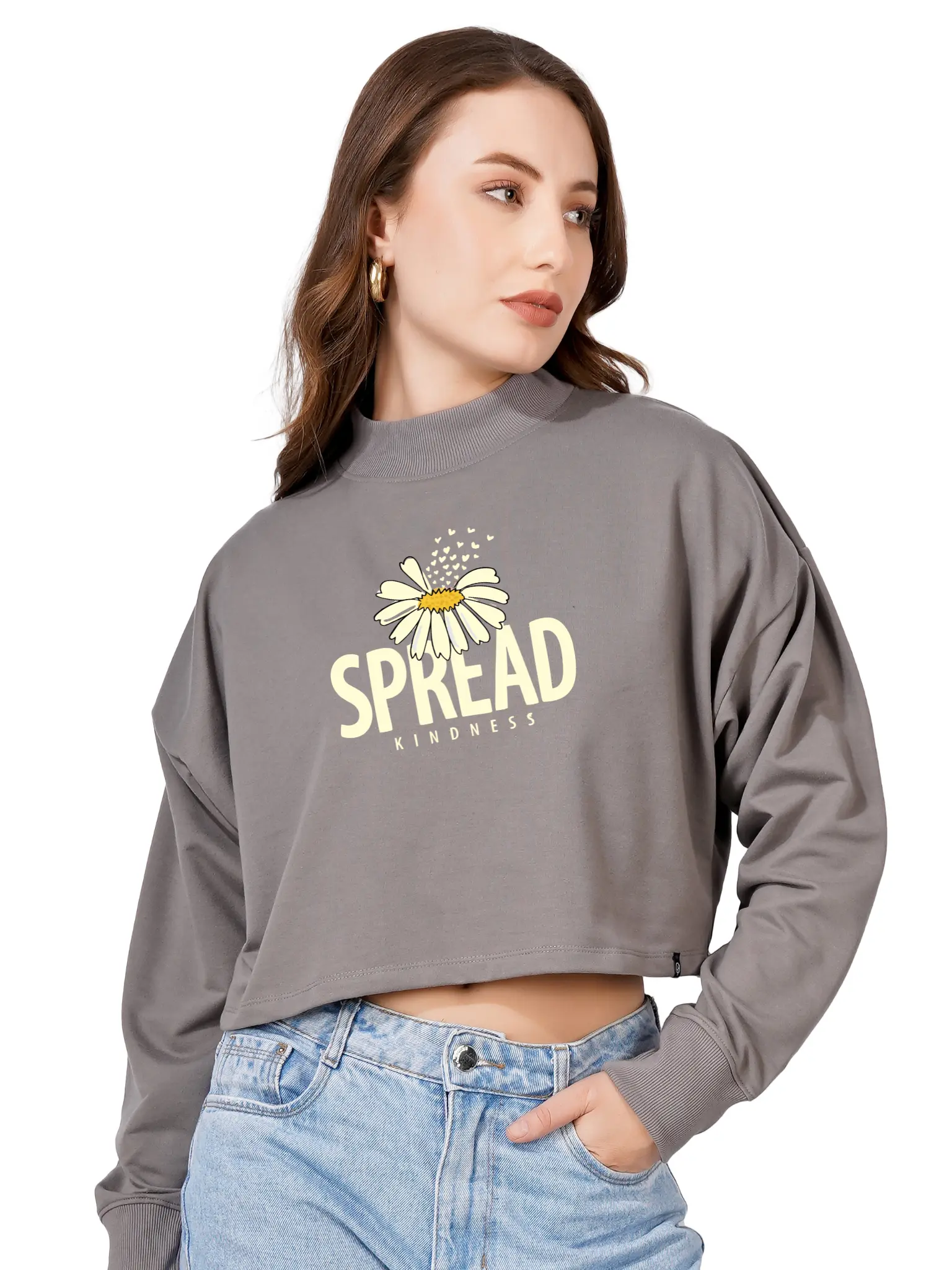 Women Cotton Blend Crop Sweatshirt | High Neck Graphic Pullover | Trendy Winter Casual Wear for Women & Girls Blueficus