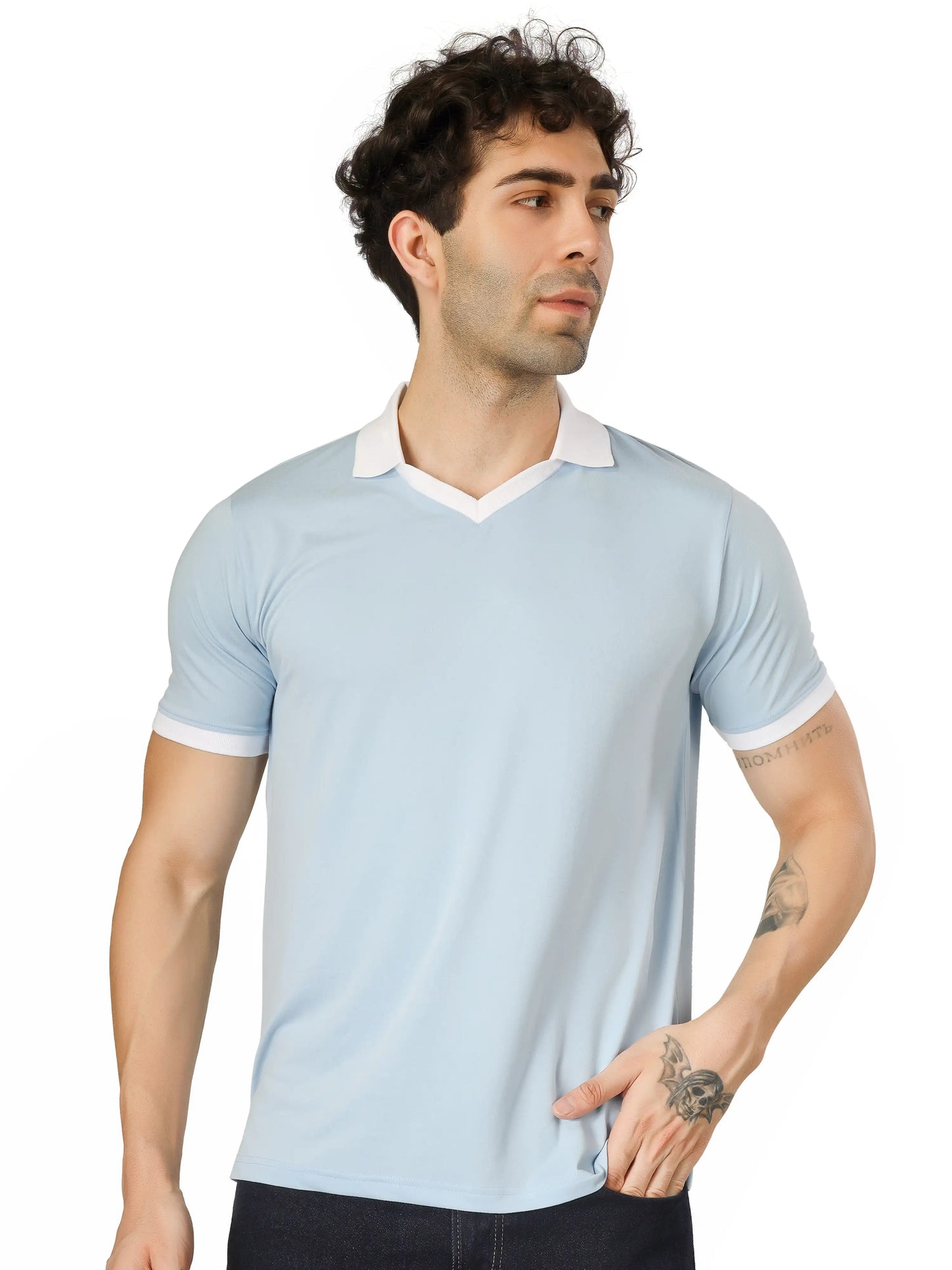 BlueFicus  Men Solid Polo Neck Cotton Blend T-Shirt