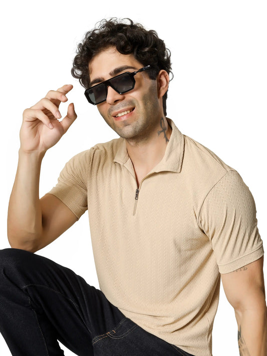 BlueFicus  Men Solid Polo Neck Polyester Beige T-Shirt Blueficus