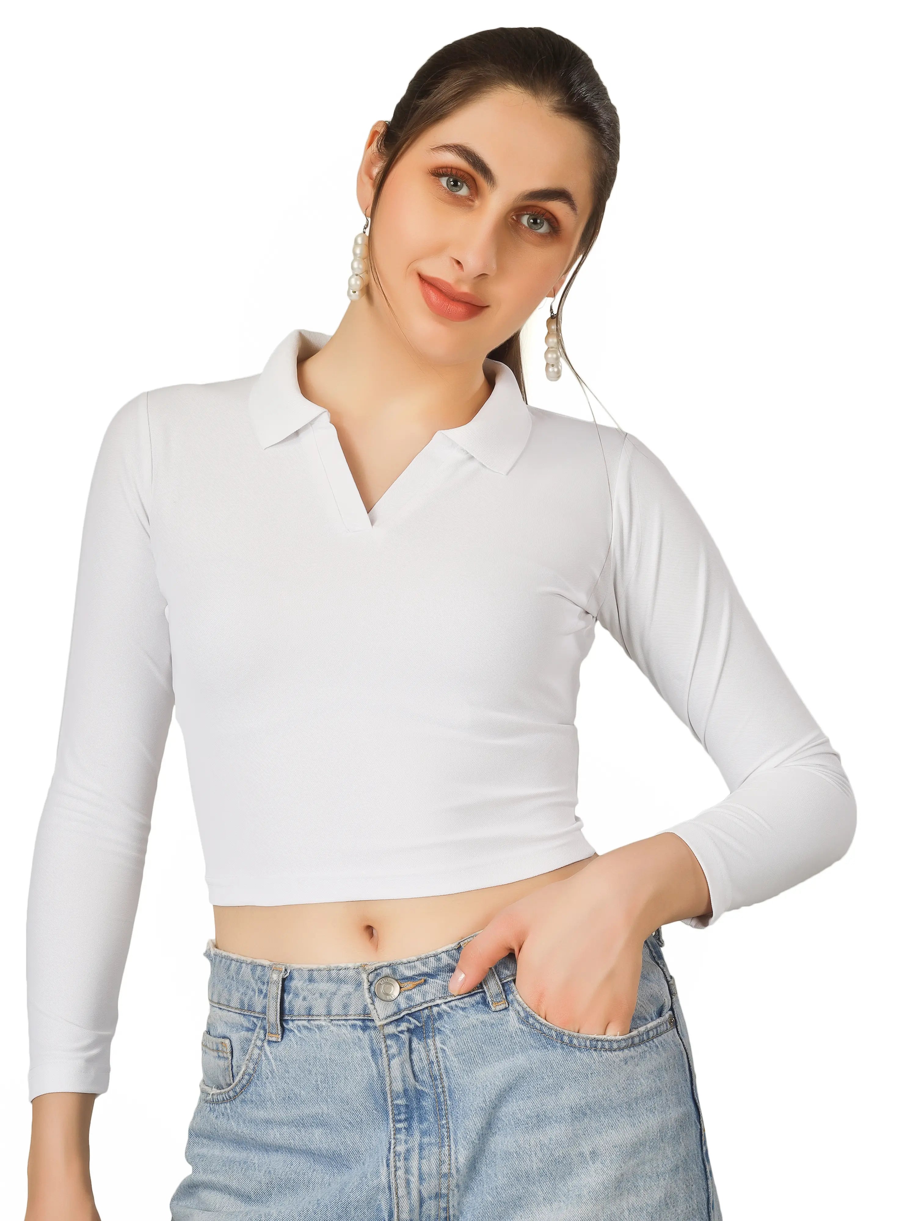 BlueFicus Women's Collared Long Sleeve Crop Top – Stylish Casual Wear