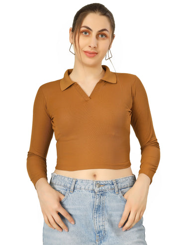 BlueFicus Women's Collared Long Sleeve Crop Top – Stylish Casual Wear