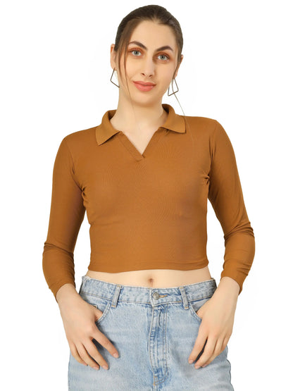 BlueFicus Women's Collared Long Sleeve Crop Top – Stylish Casual Wear Blueficus