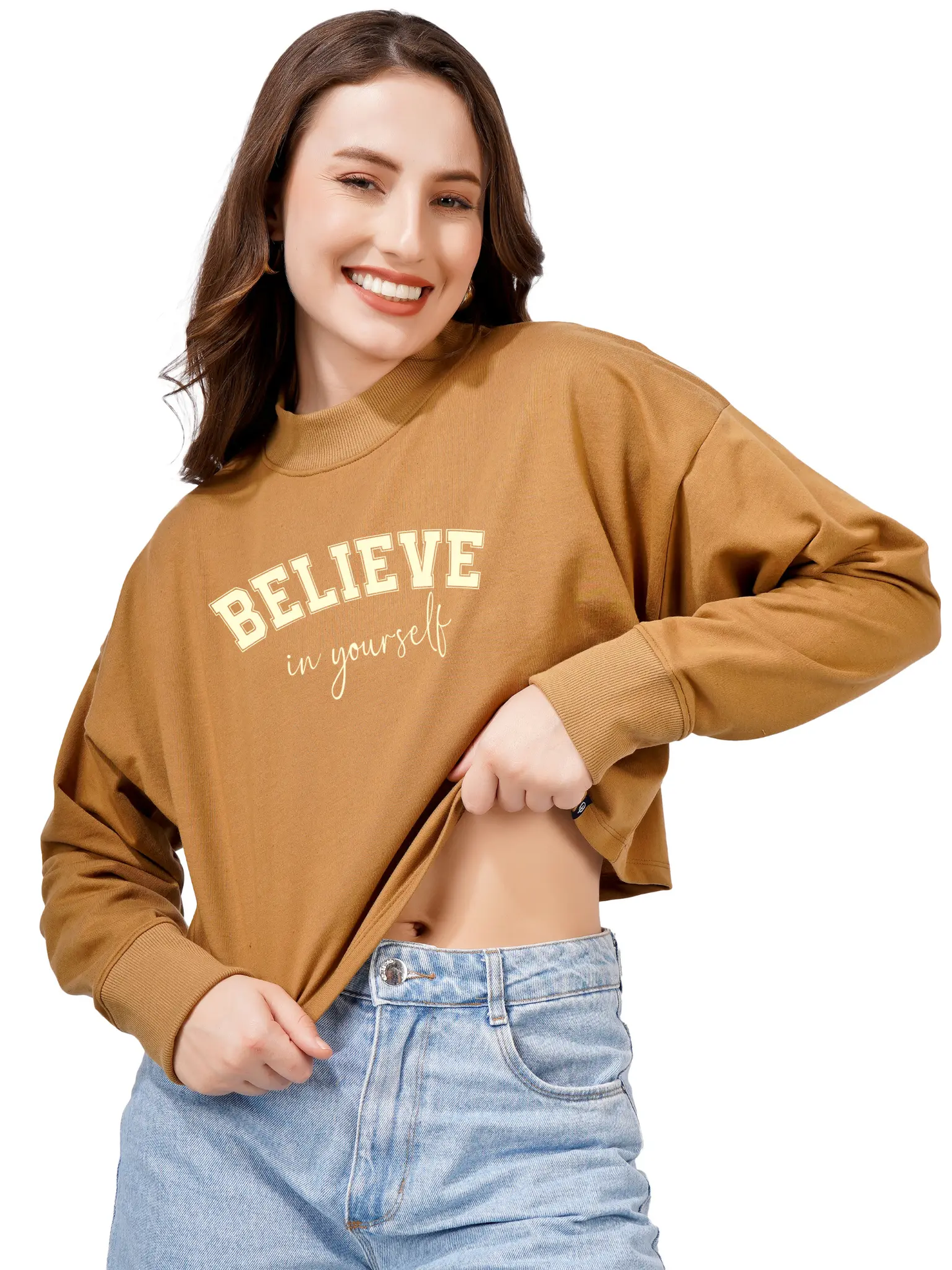 Women Cotton Blend Crop Sweatshirt with Believe in Yourself Print | High Neck Graphic Pullover | Trendy Casual Winter Wear for Women & Girls Blueficus