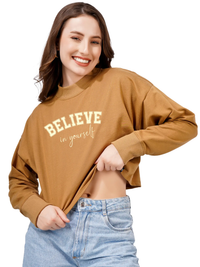 Women Cotton Blend Crop Sweatshirt with Believe in Yourself Print | High Neck Graphic Pullover | Trendy Casual Winter Wear for Women & Girls Blueficus