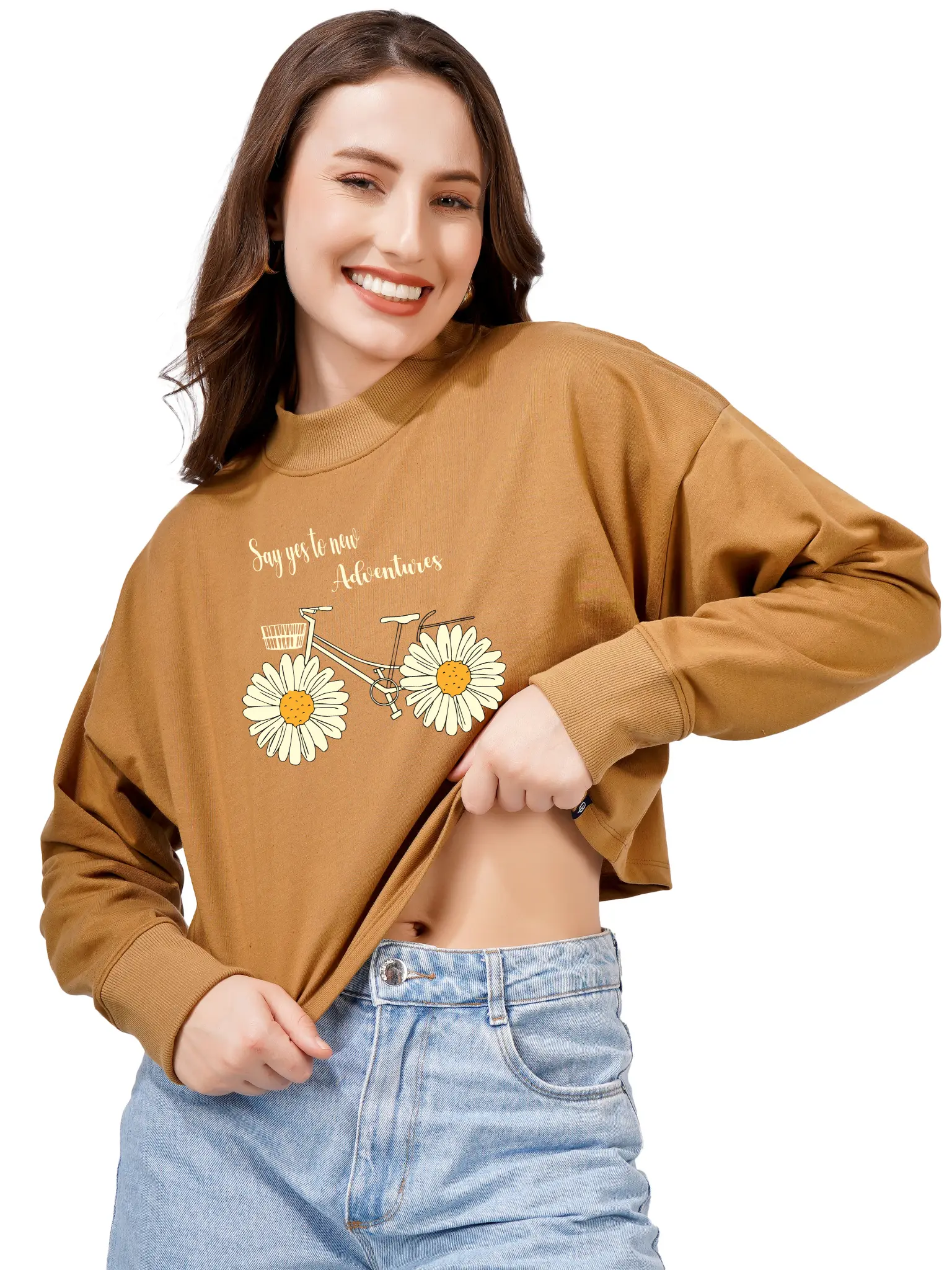 Women Cotton Blend Crop Sweatshirt with Say Yes to New Adventures Print | High Neck Graphic Pullover | Trendy Casual Winter Wear for Women & Girls Blueficus