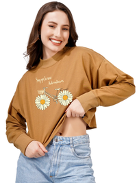 Women Cotton Blend Crop Sweatshirt with Say Yes to New Adventures Print | High Neck Graphic Pullover | Trendy Casual Winter Wear for Women & Girls Blueficus