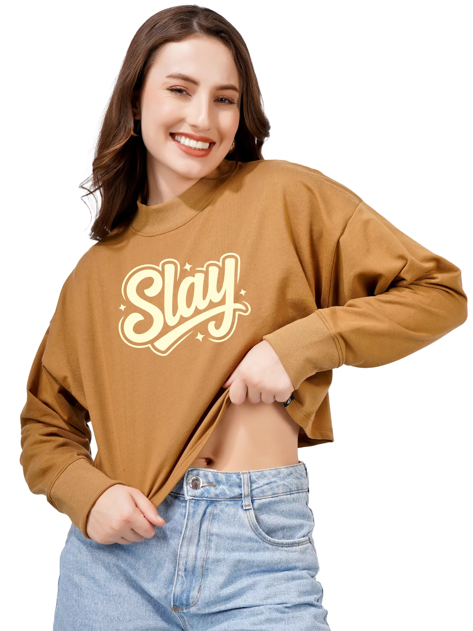 Women Cotton Blend Crop Sweatshirt with Slay Print | High Neck Graphic Pullover | Trendy Winter Casual Wear for Women & Girls Blueficus