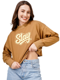 Women Cotton Blend Crop Sweatshirt with Slay Print | High Neck Graphic Pullover | Trendy Winter Casual Wear for Women & Girls Blueficus