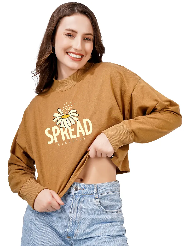 Women Cotton Blend Crop Sweatshirt | High Neck Graphic Pullover | Trendy Winter Casual Wear for Women & Girls Blueficus