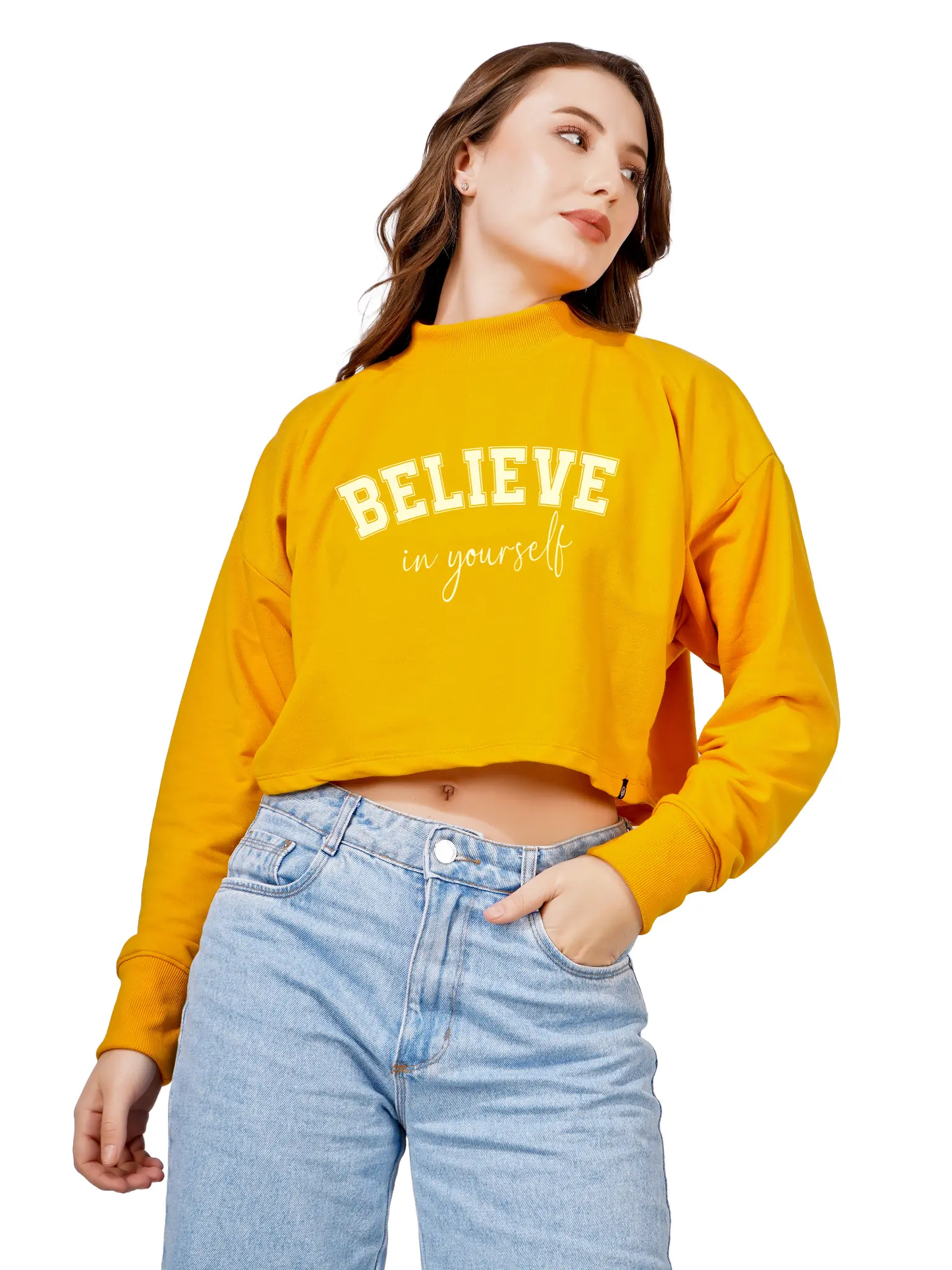 Women Cotton Blend Crop Sweatshirt with Believe in Yourself Print | High Neck Graphic Pullover | Trendy Casual Winter Wear for Women & Girls Blueficus