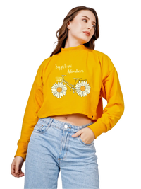 Women Cotton Blend Crop Sweatshirt with Say Yes to New Adventures Print | High Neck Graphic Pullover | Trendy Casual Winter Wear for Women & Girls Blueficus