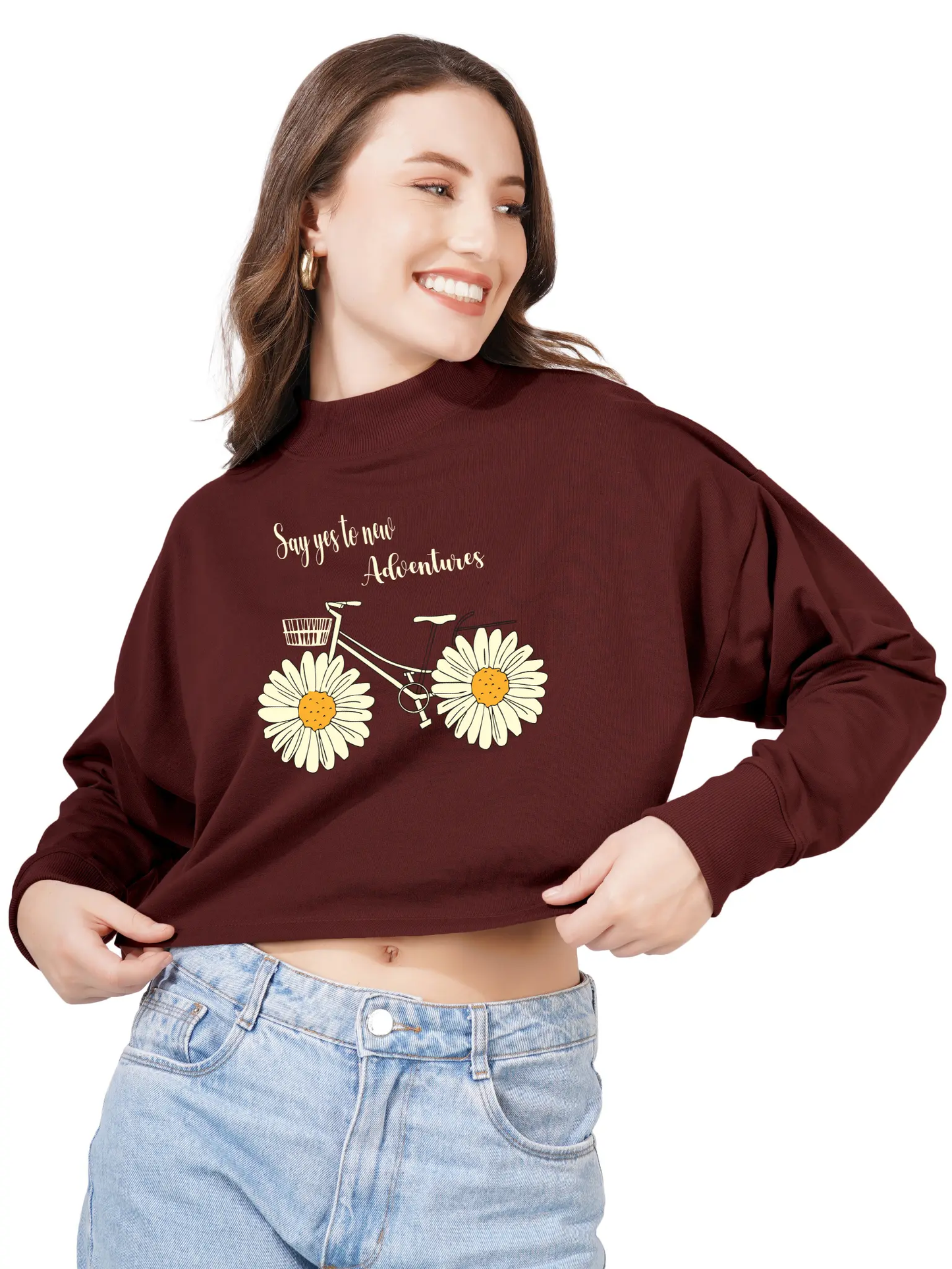 Women Cotton Blend Crop Sweatshirt with Say Yes to New Adventures Print | High Neck Graphic Pullover | Trendy Casual Winter Wear for Women & Girls Blueficus