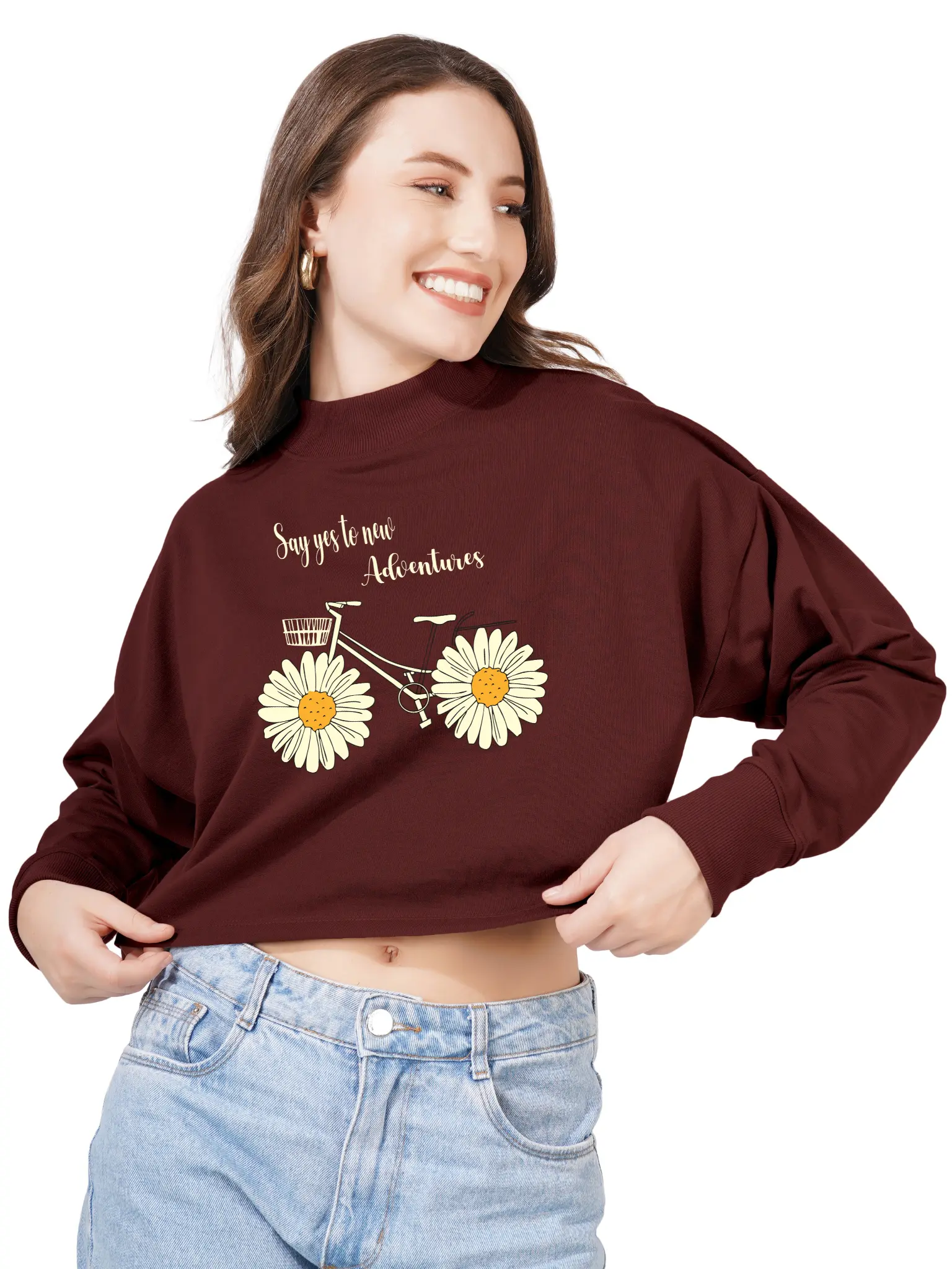 Women Cotton Blend Crop Sweatshirt with Say Yes to New Adventures Print | High Neck Graphic Pullover | Trendy Casual Winter Wear for Women & Girls Blueficus