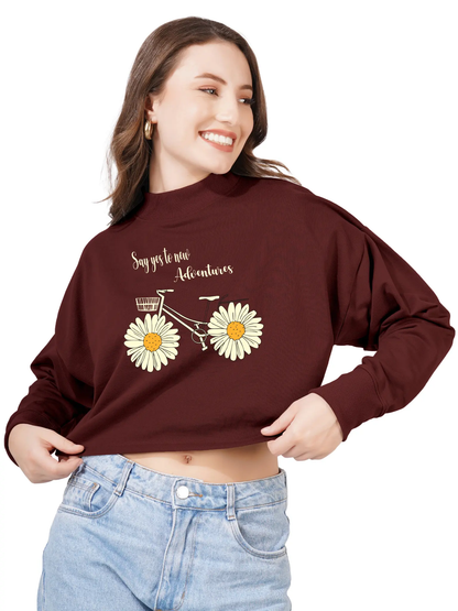 Women Cotton Blend Crop Sweatshirt with Say Yes to New Adventures Print | High Neck Graphic Pullover | Trendy Casual Winter Wear for Women & Girls Blueficus