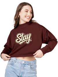 Women Cotton Blend Crop Sweatshirt with Slay Print | High Neck Graphic Pullover | Trendy Winter Casual Wear for Women & Girls Blueficus